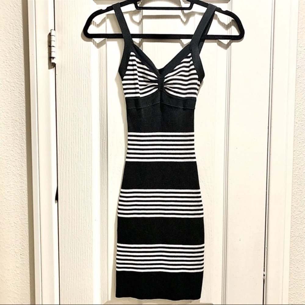 BCBGMaxAzria Bodycon Striped Black and White Fitted Ribbed Knit Dress